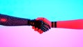 Two robots handshake, background with vivd colours and copy space