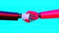 Two robots handshake, background with vivd colours and copy space