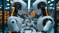 Two robots are holding hands in a futuristic setting, AI Royalty Free Stock Photo