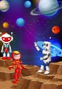 Two Robots And Man In Red Robot Suit in Space Cartoon