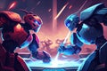 two robots, one red and one blue, battle each other in a futuristic arena