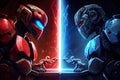 two robots, one red and one blue, battle each other in a futuristic arena