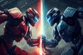 two robots, one red and one blue, battle each other in a futuristic arena