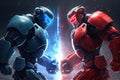 two robots, one red and the other blue, fighting in futuristic battle arena