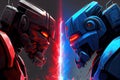 two robots, one red and the other blue, stare each other down in intense battle