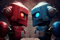 two robots, one red and the other blue, stare each other down in intense battle