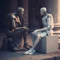 Two Robots Philosophers Engage in A Profound Debate about their Existence and the World around them in a Dystopian Future where