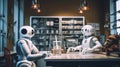 Two robots sitting at a table with a teddy bear. Generative AI image.