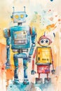 Two robots stand together, painted in watercolor. Generative AI