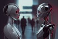 Two robots talking, technology communication. Machine learning, generative ai