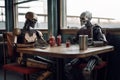 Two robots talks sitting at table, humanoid AI androids in cafe, generative AI