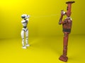 Two robots with tin can phones. 3d render