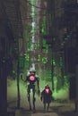 Two robots walking in narrow alley