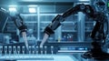 Two robots are working together to fill test tubes with liquid