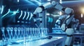 Two robots are working together to fill test tubes with liquid