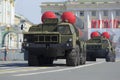 Two rocket launchers ZRS-300PM on parade rehearsal in honor of a close-up of the Victory Day. St. Petersburg