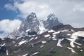 Two rocky summits of Ushba mountain in Svaneti region of Georgia