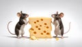 Two rodents sharing a piece of cheese with their noses touching