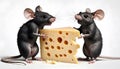 Two rodents sharing a piece of cheese with their noses touching