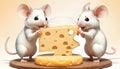 Two rodents sharing a piece of cheese with their noses touching