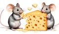 Two rodents sharing a piece of cheese with their noses touching