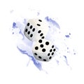 Two rolling white dice cubes on blue watercolor splash watercolor illustration for casino gambling, backgammon games Royalty Free Stock Photo