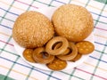 Two rolls, bagels and crackers Royalty Free Stock Photo