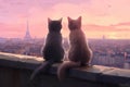 Two romantic cats sitting on the roof and looking at the Eiffel tower during sunrise or sunset, Paris, France Royalty Free Stock Photo