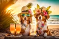 Two romantic dogs wearing flower hats relax with a cold glasses of beer on a tropical beach, generative ai