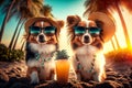 Two romantic dogs wearing flower hats relax with a cold glasses of beer on a tropical beach, generative ai