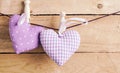 Two romantic purple hearts pegged on a line Royalty Free Stock Photo