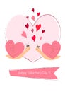 Two romantic snails on the background of a stylized heart. Valentines day card template. Royalty Free Stock Photo