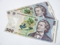 Two 50 RON or lei romanian banknotes on white background. Romanian currency Royalty Free Stock Photo