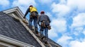 Two roofers climb up a ladder carrying tools and supplies as they prepare to tackle a challenging roof repair job on a Royalty Free Stock Photo