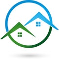 Two roofs, houses, real estate and roofing logo