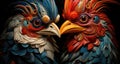 Two roosters are facing each other with their heads turned to the side, AI