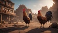 Two roosters in an old west desert rundown town at sunset, with black and brown feathers and yellow beaks, ai created