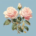 Nostalgic Realism: Delicate Pink Roses On A Vivid Blue Background