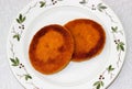 Two round fried Burger patties on a plate