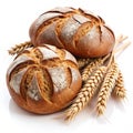 Two Round Loaves of Artisan Bread with Wheat Stalks Against a Clean White Background loaf Royalty Free Stock Photo