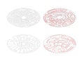 Two round mazes of medium complexity in isometric view on white and solution with red paths Royalty Free Stock Photo