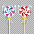 Two round striped lollipops packed in transparent cellophane bags or packs with yellow decorative tapes. Realistic 3D