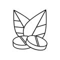 Two round tablets with leaves icon. Linear medicine logo. Black simple illustration of herbal therapy. Contour isolated vector