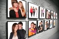 Two rows frames with people on brick white wall Royalty Free Stock Photo