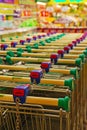 Two rows of parked shopping carts equipped with co