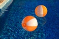 Two rubber air yellow white inflatable balls and toy for swimming pool in transparent blue water. Beach balls floating on water.