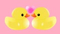 Two rubber ducks in love. Vector illustration. Pink background.