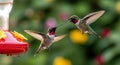 Two Ruby-Throated Hummingbirds Compete for Nectar at a Feeder Royalty Free Stock Photo