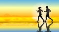 Two runners on the beach, silhouette of people jogging at sunset, healthy lifestyle background