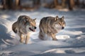 Two Running Grey Wolves On Fresh Snow. Pair Of European Wolfs. Wolf Grin Royalty Free Stock Photo